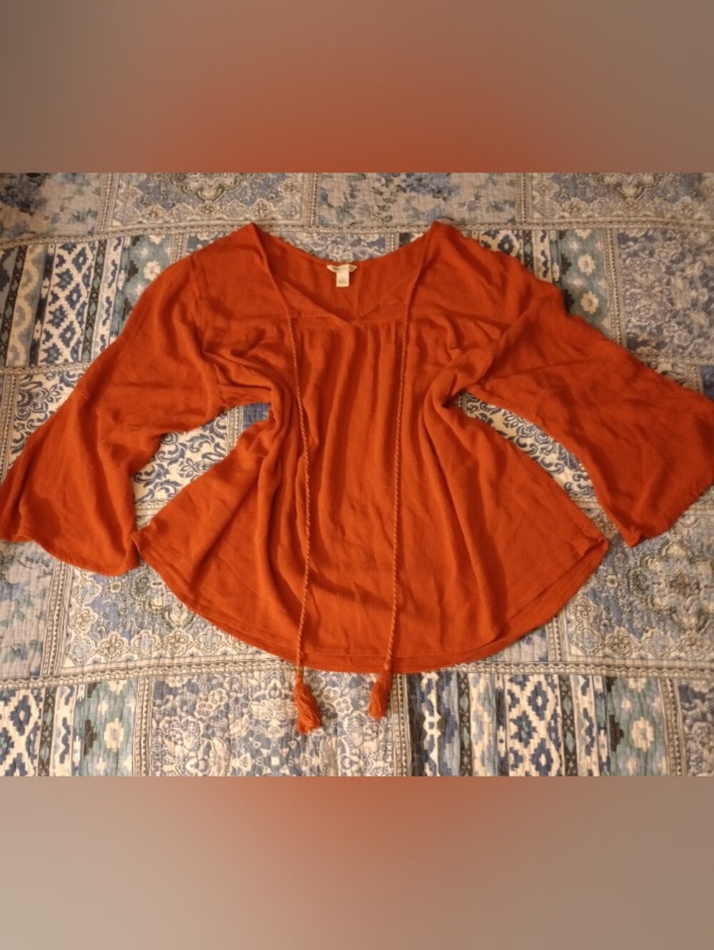 Boho Rustic Tie-Front Gauze Blouse With Flutter Half Sleeves & Tassel Accents
